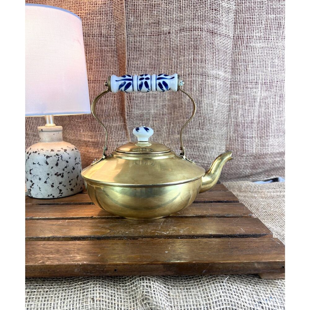 Vintage Brass Teapot with Delft-Style Blue & White Porcelain Handle
